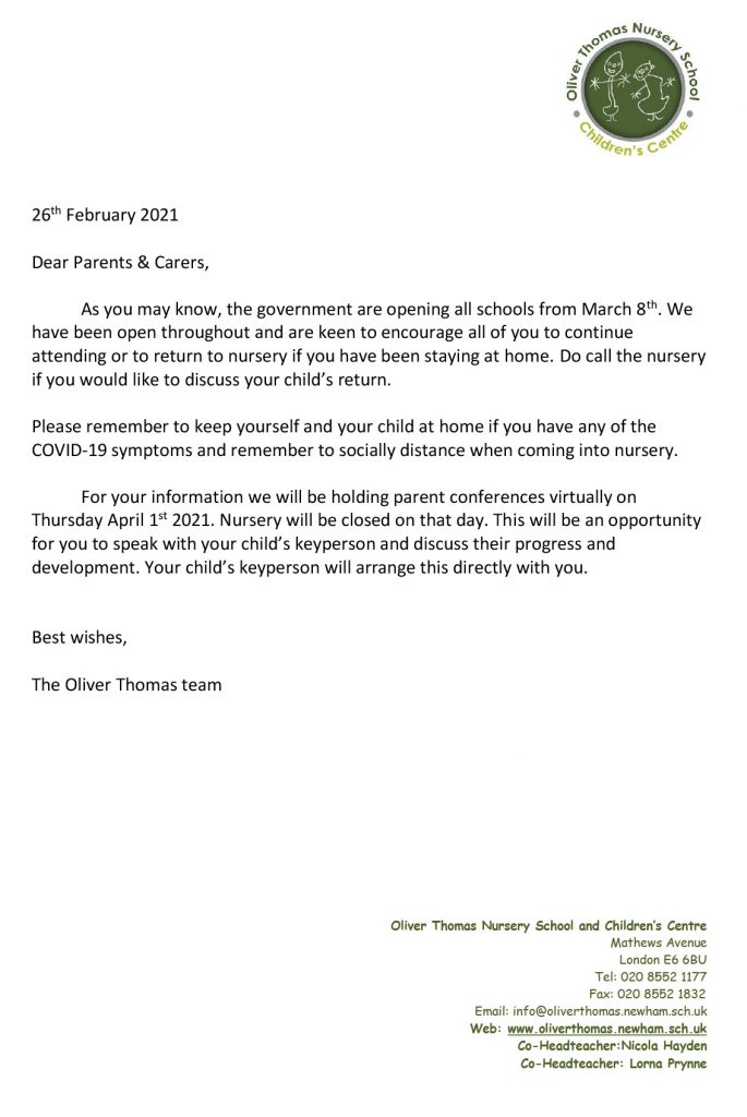 Message to parent/carers Your child’s return to Nursery Oliver